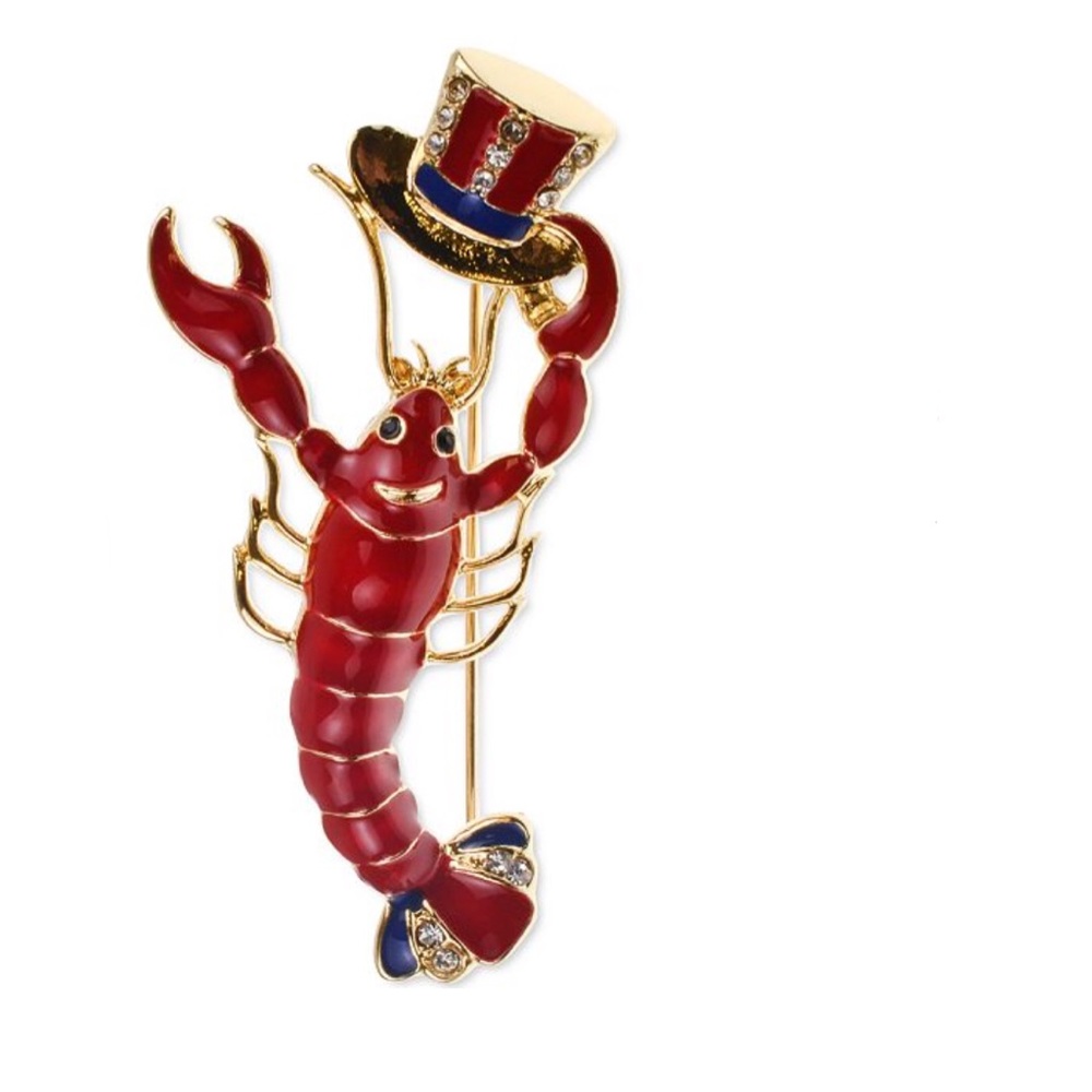 Lobster Pin Brooch Gold-Tone Pavé Red, White & Blue Nwt patriotic